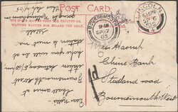 1905 UNPAID MAIL LINCOLN TO BOURNEMOUTH. Post card of the Tennyson ...