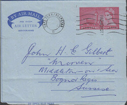 1967 PAQUEBOT. QEII 9d air letter to Bognor Regis, Sussex with "CAPE ...