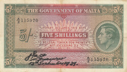 Malta 5 Shillings 1939 VF. Pick 12