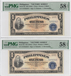 Philippines 1 Peso 1944 (2) - PMG 58 EPQ Choice About Unc, Sequential ...