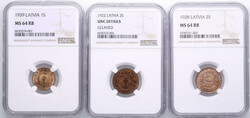 Copper coins of Latvia 1922-1939 (5) - NGC MS 62-MS 64 Lot includes:1 ...