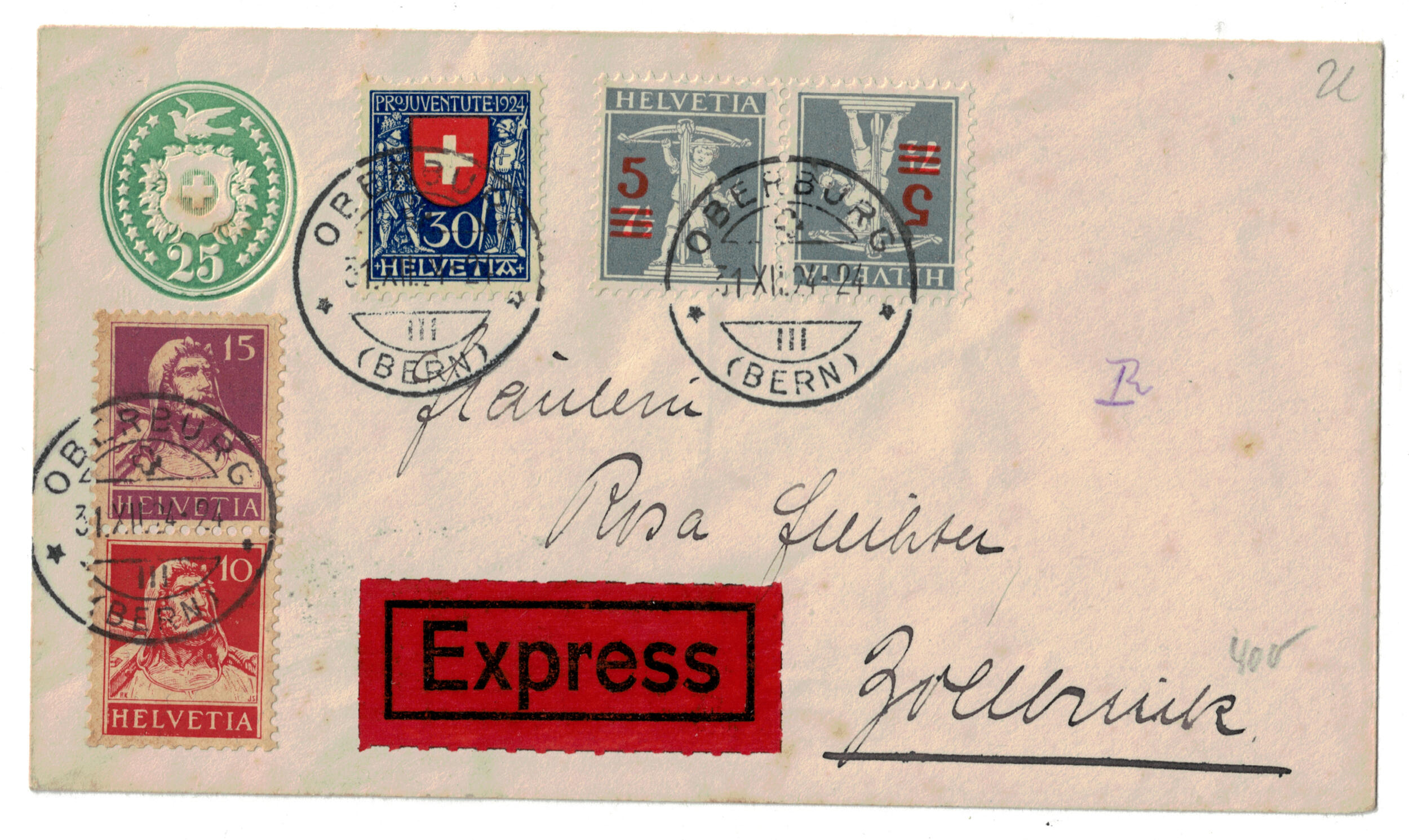 Tübelibrief 25Rp ungewöhnliche Zusatzfrankatur wie K14+Z3+PJ Nr 132 ...