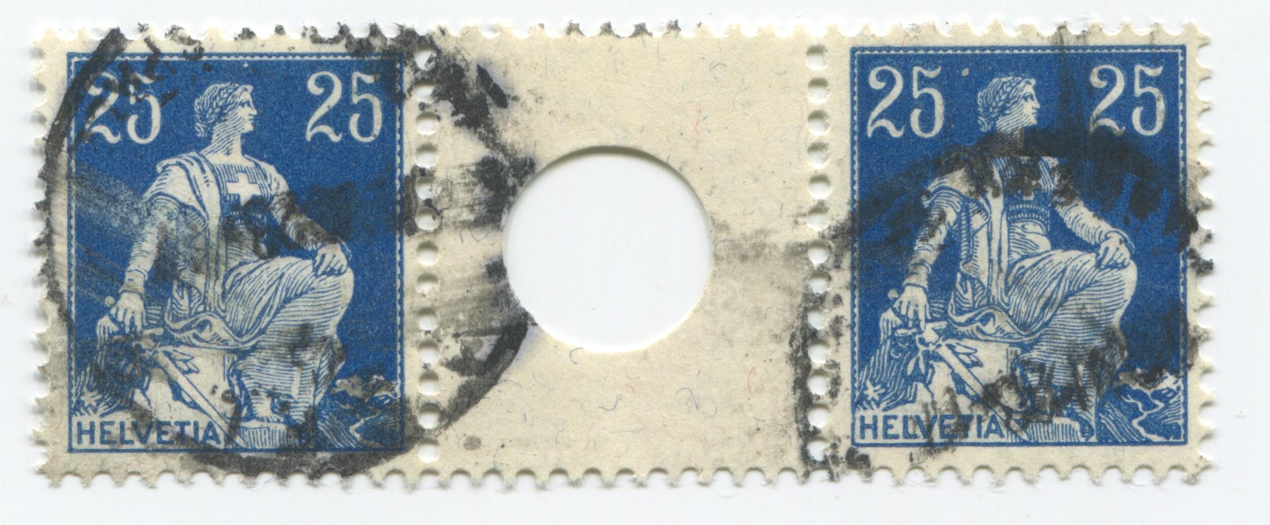 Helvetia mit Schwert im Zwischensteg mit grosser Lochung, SBK Nr. 1, ...