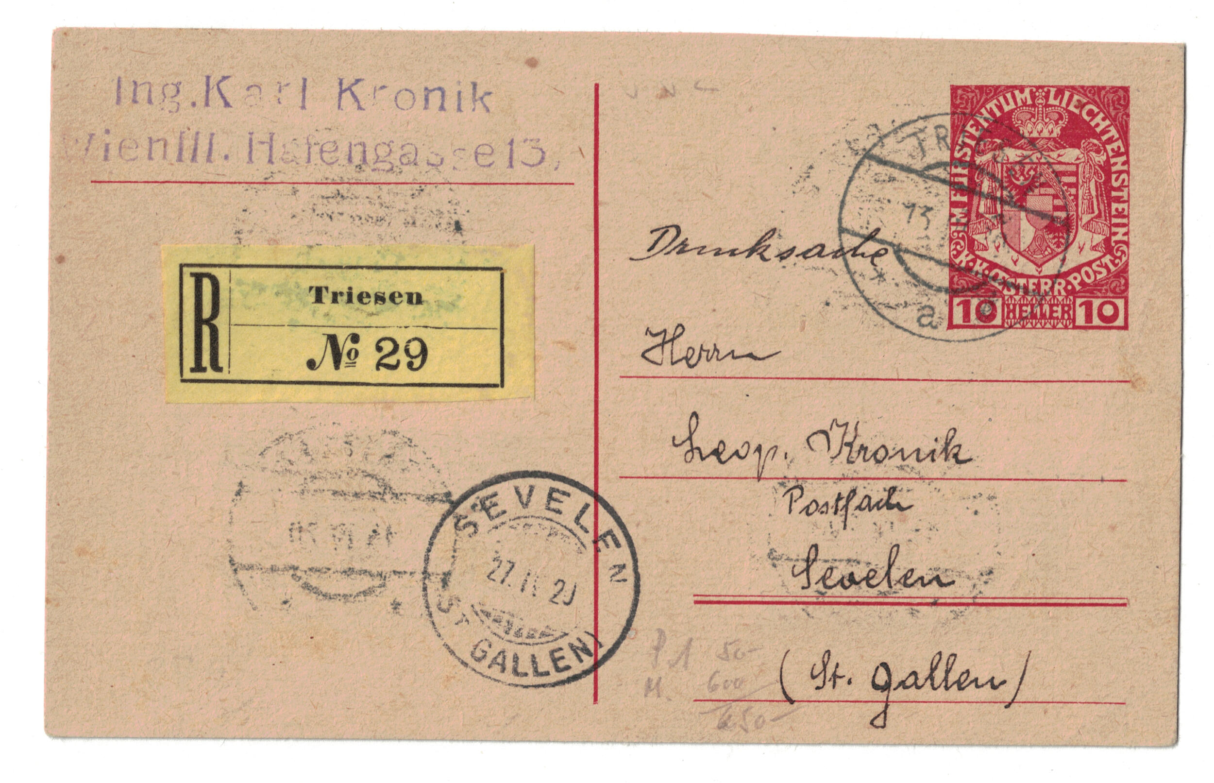 Postkarte 10 Heller Eindruck mit Österreichischen Marken 284, 286, ...