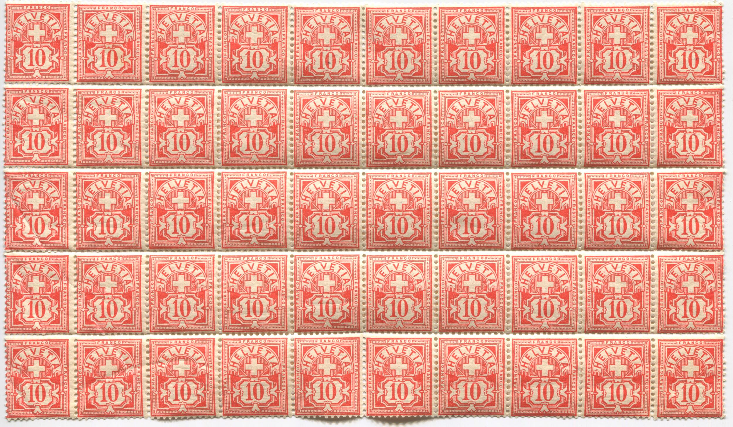 10 Rappen, zinnober, Kontrollzeichen B, 50er-Einheit, SBK Nr. 61B, ...