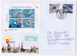 Block UPU auf Sonderbriefumschlag Skyline C5, Vignette entwertet mit ...