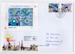 Block UPU auf Sonderbriefumschlag Skyline (C6), Block entwertet mit ...