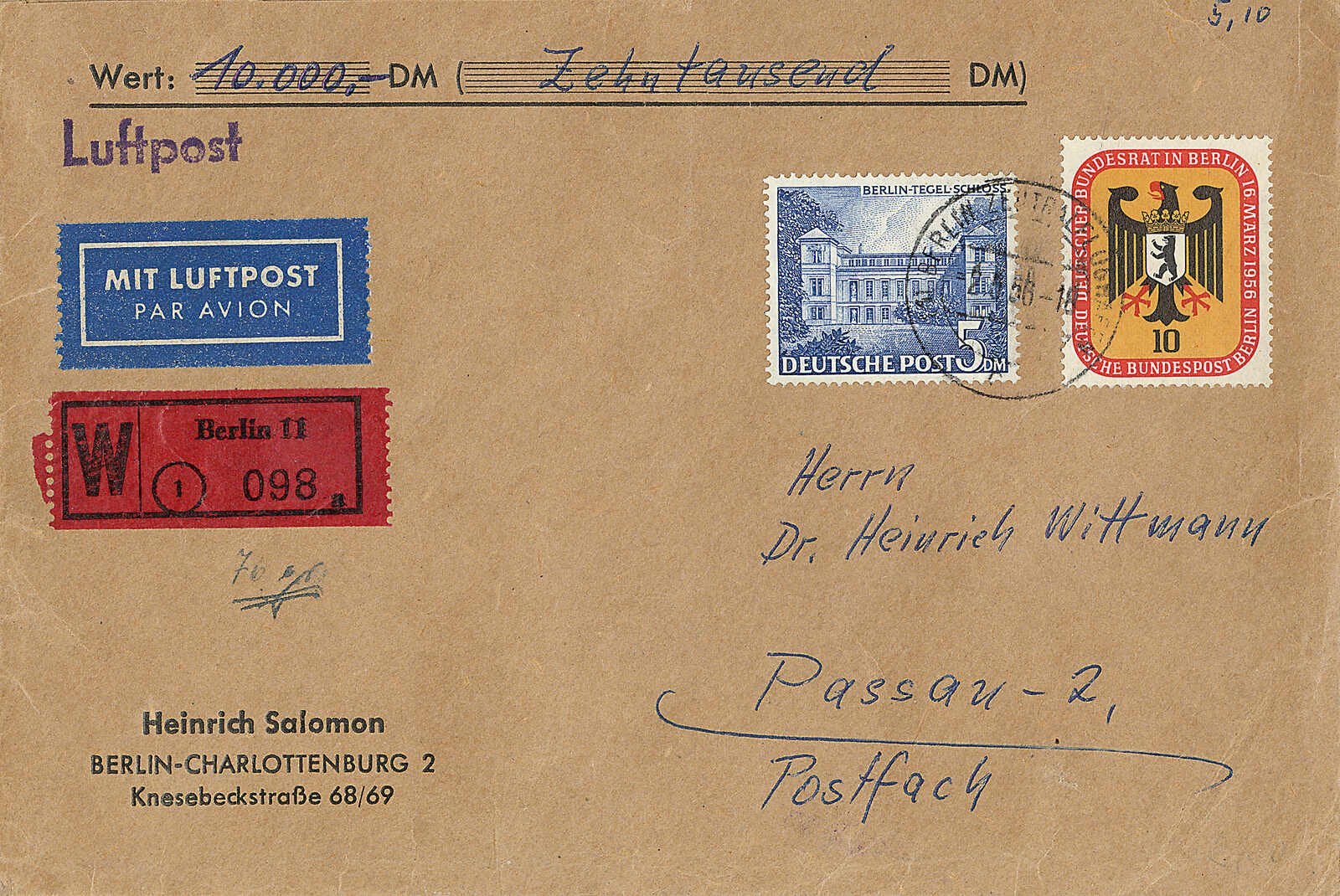 Bauten (I), 5 DM lilaultramarin, Prachtstück mit Zus'fr. Bundesrat ...