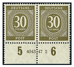 30 Pf. oliv, postfrisches waager. Prachtpaar v. Unterrand mit HAN ...
