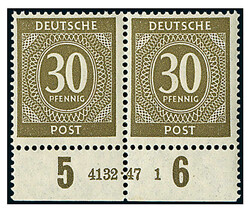 30 Pf. oliv, postfrisches waager. Prachtpaar v. Unterrand mit HAN ...