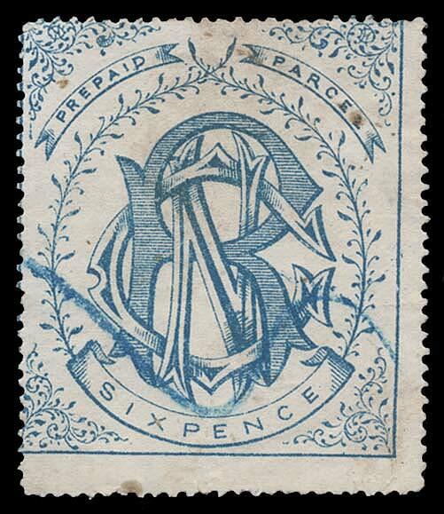 RAILWAYS c1880 6d (dull Prussian) blue ‘Prepaid Parcel’ stamp ...