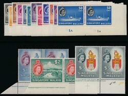 SINGAPORE 1955 QEII definitive, complete set of 15 values in pairs, ...