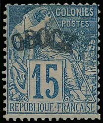 OBOCK 1892 15c blue overprinted 'OBOCK' (curved). Fine mint. Yvert ...