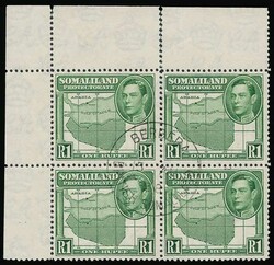 1938 KGVI R1, upper left corner block of four cancelled with forged ...