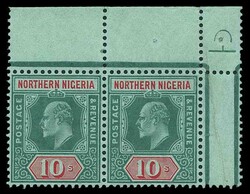 1911 KEVII 10/- green and red on green. Upper right corner pair, ...