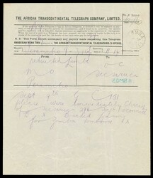 TELEGRAM 1917 (10th September), headed ‘THE AFRICAN ...