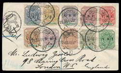 1901 (July), envelope sent registered to England. Bearing ten duties ...