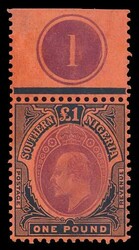 1909 KEVII £1 purple and black on red. Upper marginal showing plate ...
