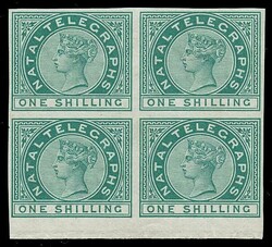 TELEGRAPHS 1881 QV 1/- deep blue-green. IMPERFORATE lower marginal ...