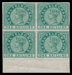 TELEGRAPHS 1881 QV 1/- deep blue-green, lower marginal IMPERFORATE ...