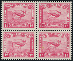 1923 Harrison 1d Springbok essay, small format in carmine. Block of ...