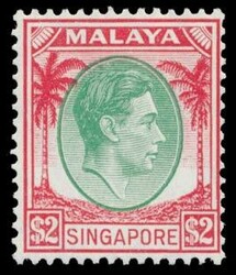 SINGAPORE 1948 KGVI $2 definitive, perf. 14, green and scarlet. ...
