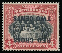 NORTH BORNEO 1918 4c scarlet and black, overprinted 'RED CROSS / TWO ...