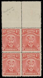 1d perf. 14, red group. Upper marginal block of four endorsed in ...