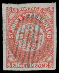 NEWFOUNDLAND 1857 8d scarlet-vermilion. Large even margins all round, ...