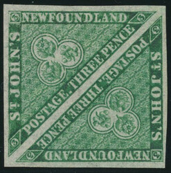 NEWFOUNDLAND 1860 3d green triangular. Pair, good to large margins, ...