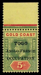 TOGO 1919 KGV London overprints on Gold Coast. 5/- green and red on ...