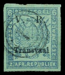 1877 overprinted in black on 6d blue on green, fine roulette with ...