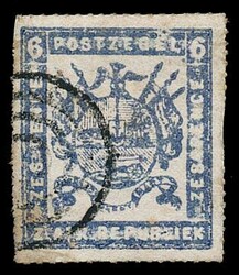 1870 Viljoen printing on medium paper fine roulette. 6d ultramarine ...
