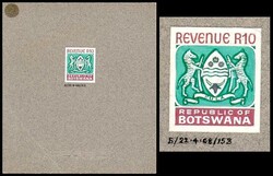 1968 De La Rue Essay (20x24mm) for an unadopted R10 revenue stamp ...