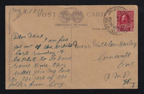 Postcard franked with 2c Admiral War Tax, tied by FIELD POST OFFICE ...