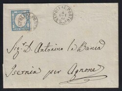 Folded cover, franked with four-margin 1861 2gr light blue, tied by ...