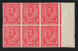 1d scarlet King George V Downey Head, right margin block of six, John ...