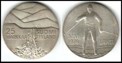 1978 Finland 25 Markaa Skiing Championships 50% Silver Coin Grades MS ...