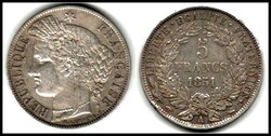 France, 5 Francs, CÃ©rÃ¨s, 1851A, Paris, Silver, VF, Gadoury: KM ...