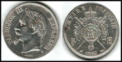 France 5 Francs Emperor 1867A NAPOLEON III Genuine Arms Silver Franc ...