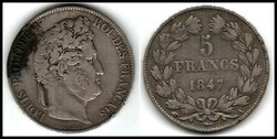 1847-A France 5 Francs VF Louis Philippe Paris Silver Crown Coin KM # ...