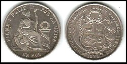 Peru - 1871 Y.J. Silver Sol 37mm (24.75 grams) .900 Silver ( 0.7234 ...