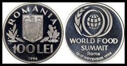 Romania 1996, 100 Lei Sterling Silver CoinÂWorld Food ÂSummit Km # ...