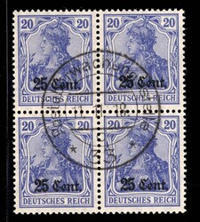 1918, 25 Cent auf 20 Pfennig Germania dunkelviolettblau, Viererblock, ...