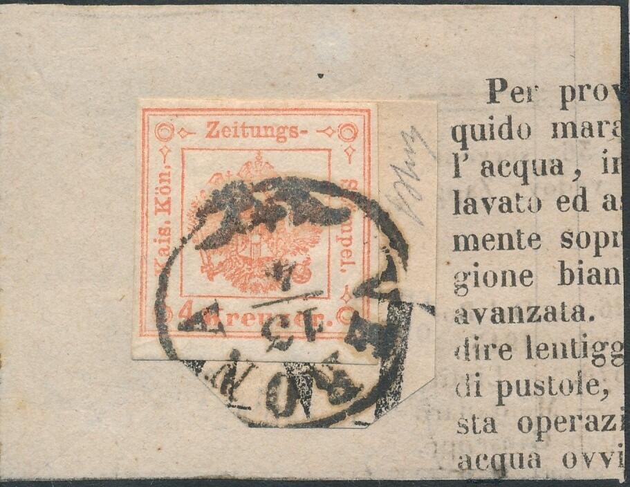 4 Kreuzer  1859, 4 Kreuzer rot auf Zeitungsausschnitt mit Teil des ...