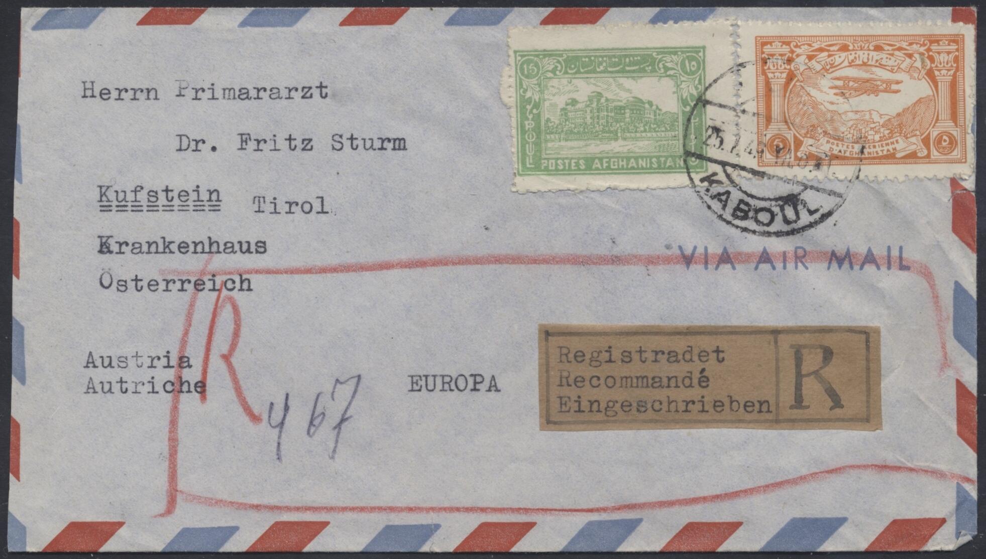Kabul - Kufstein  1949, Reko-Flugpostbrief von Kabul nach Kufstein in ...