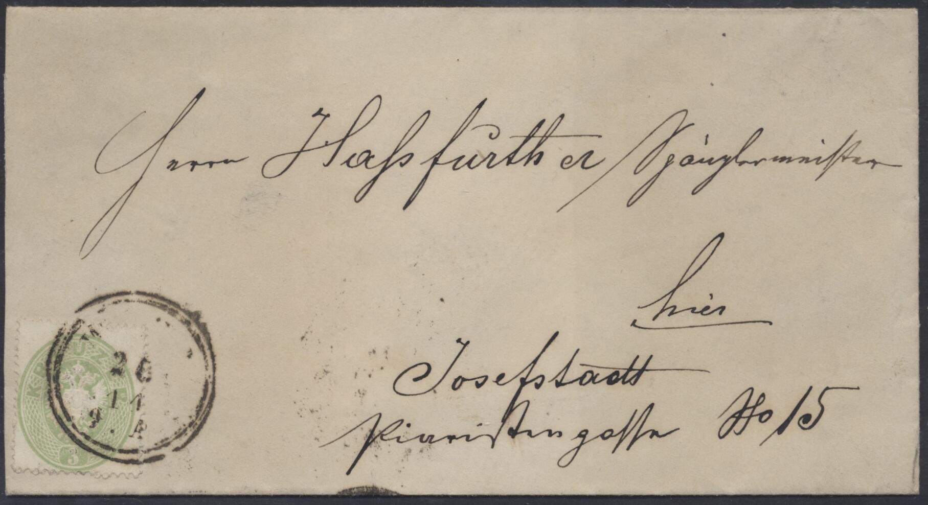 Ortsbrief 1866  1866, 3 Kreuzer grün in BZ 14 auf Wiener Ortsbrief ...