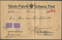 Schwaz  8.4.1924, Portofreie Dienstsache mit geklebter 2000 Kronen ...