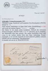 Pest  1871, 2 Kreuzer orange, Steindruck auf kompletter ...
