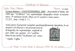 Constantinopoli, Unif. 7  1908, Constantinopoli: 20 piaster su 5 L. ...